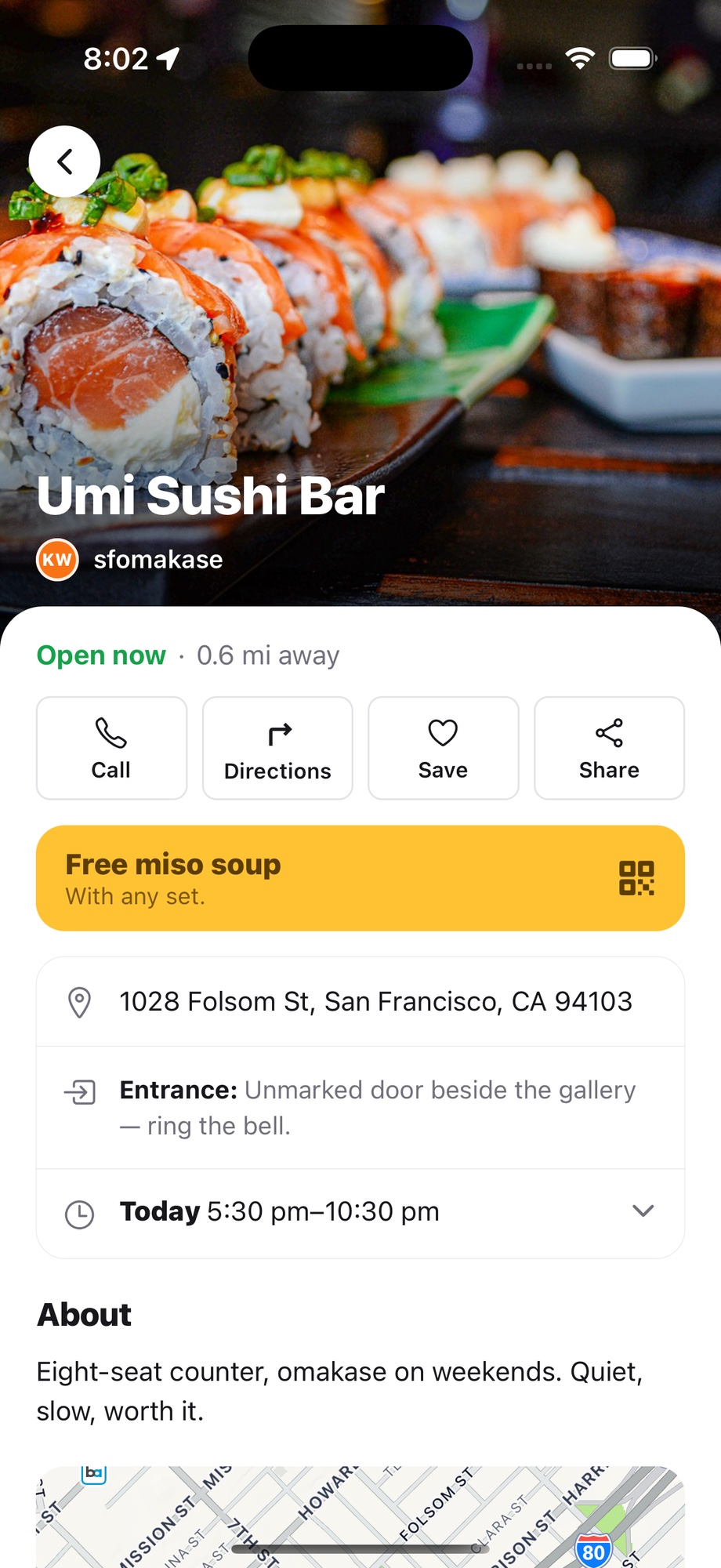 A tinymap open on a phone: Umi Sushi Bar, open now, with a free miso soup offer, the entrance to use and today's hours